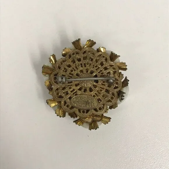 Vintage Miriam Haskell Pin‎ White Faceted Stones Rhinestones Gold Tone Metal - Picture 5 of 6